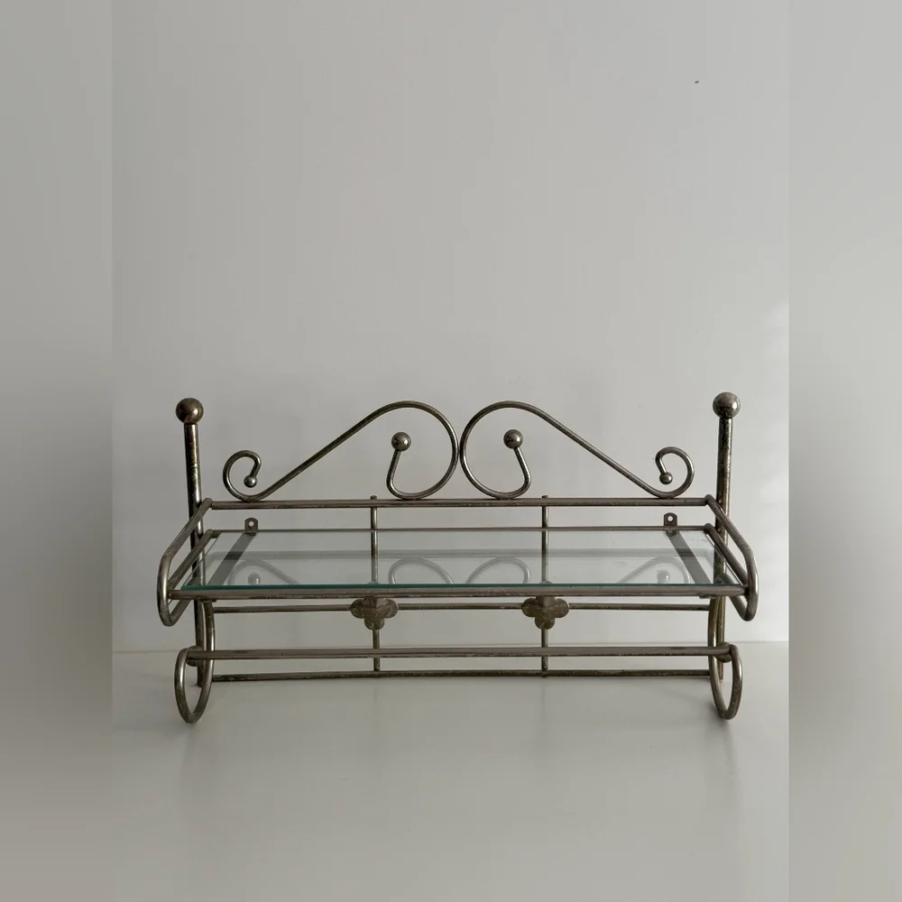 Vintage 1960s 1970s Brass & Glass Wall Rack Shelf